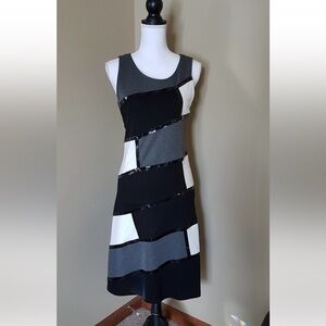 Black White & Gray Colorblock Knit Dress with Faux Leather Trim from Greece